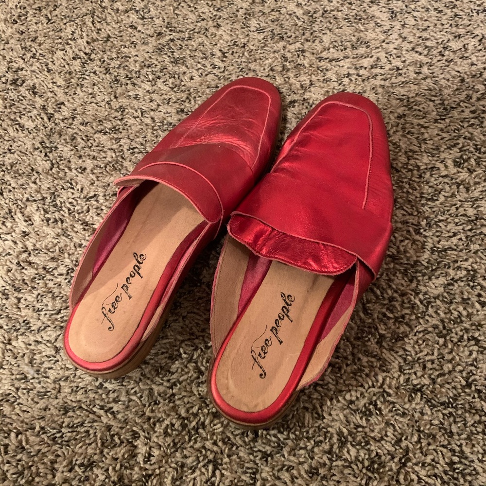 Red metallic free people mules